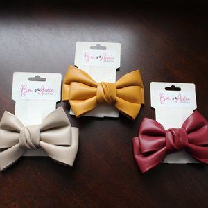 3 pc Faux Leather Hair Bow Clip - Tan, Burgundy, Mustard - NWT